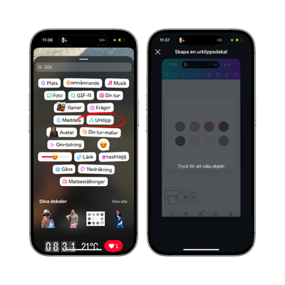 Två telefoner på Instagram med bild på funktionen Urklipp